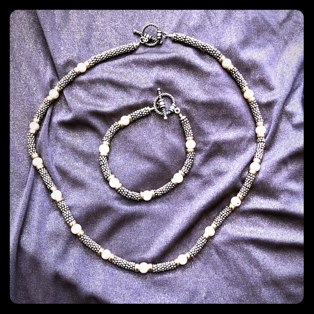 Hand made silver and pearl necklace + bracelet